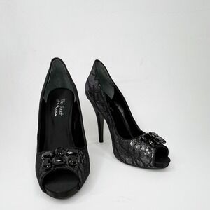 NINA Black Lace Jeweled Peep-toe Heels 11